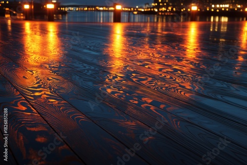 Evening Reflections on a Wet Wooden Dock With City Lights Glimmering in the B...