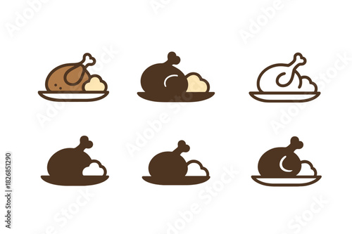 Roasted Chicken Logos. Preparing a roasted chicken with a side of mashed potatoes. Icon set. Set Logo of roasted chicken meal: roasted chicken with herbs.