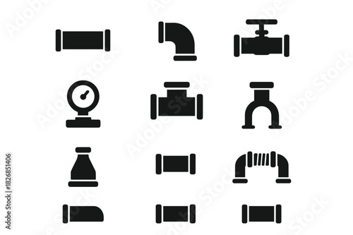 Industrial Pipe Icons. Industrial pipes. Solid icon set of Industrial pipes: straight pipe, elbow joint, T-junction, valve, pressure gauge, flange, pipe