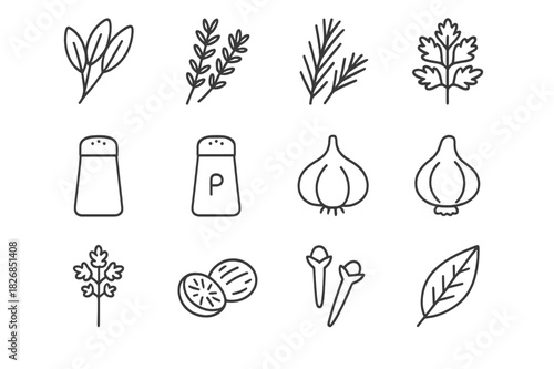 Herb Icon Grid. Herbs & Seasonings. Line icon set of Herbs & Seasonings: sage, thyme, rosemary, parsley, salt, pepper, garlic, onion powder, celery seed,