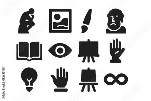 Philosophy Art Icons. Philosophy and art. Solid icon set of Philosophy and art: thinker statue, abstract painting, paintbrush, philosopher bust, open book, eye