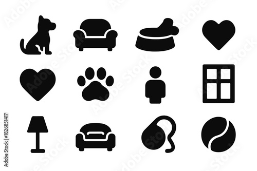 Home Icons Collection. Dog at home. Solid icon set of dog at home: dog, couch, bowl, bone, heart, paw print, person, window, lamp, bed, leash, toy ball. Filled