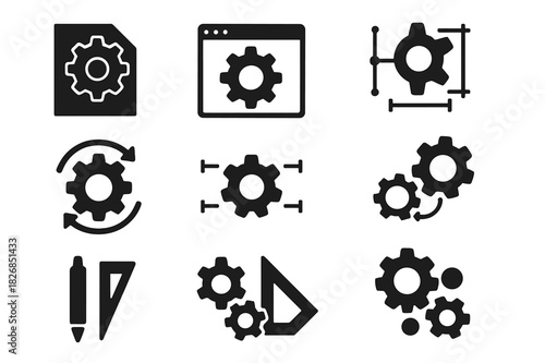 Mechanical Design Icons. Mechanical design. Solid icon set of Mechanical design: gear blueprint, CAD gear, schematic, technical drawing, gear diagram, gear