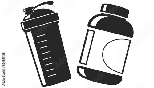 Protein shaker and supplement bottle vector illustration art