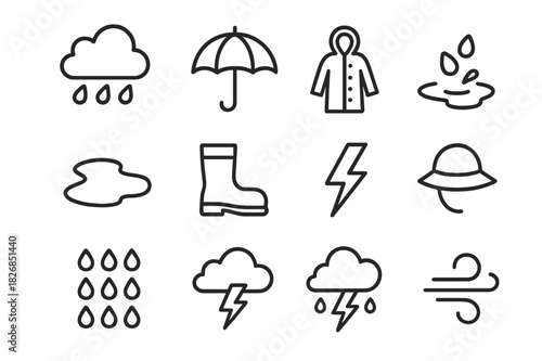 Rainy Weather Icons. Rainy Weather. Line icon set of Rainy Weather: cloud with raindrops, umbrella, raincoat, water splash, puddle, wet boot, lightning, rain