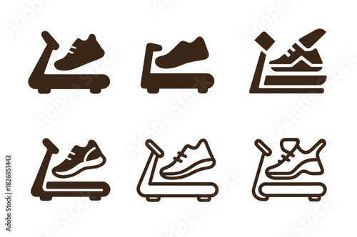 Treadmill Workout Logos. Treadmill workout. Icon set. Set Logo of treadmill workout: sneakers on treadmill belt. harmonious logo variations of the same