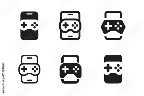 Mobile Game Logo Variations. Playing a mobile game on the go. Icon set. Set Logo of mobile gaming: smartphone with joystick overlay. harmonious logo variations