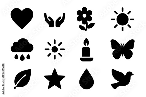 Emotional Healing Icons. Emotional healing. Solid icon set of emotional healing: heart, open hands, flower, sun, rain cloud, light rays, candle, butterfly,