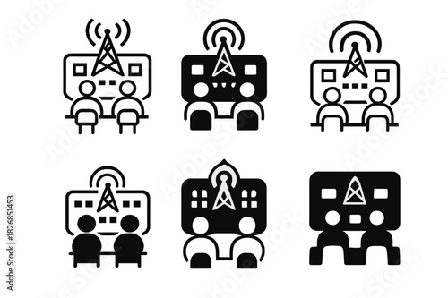 TV Control Logo Variations. TV control room and technicians. Icon set. Set Logo of TV control room and technicians: broadcast signal tower. harmonious logo