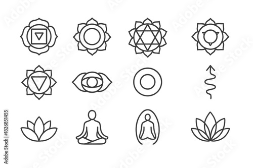 Chakra Icon Set. Chakras. Line icon set of chakras: root chakra, sacral chakra, solar plexus chakra, heart chakra, throat chakra, third eye chakra, crown