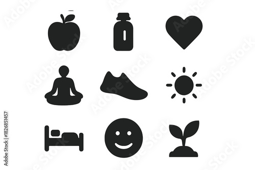 Healthy Living Icons. Healthy habits. Solid icon set of healthy habits: apple, water bottle, clock, heart, yoga pose, shoe, sun, plant, bed, smiley, book,