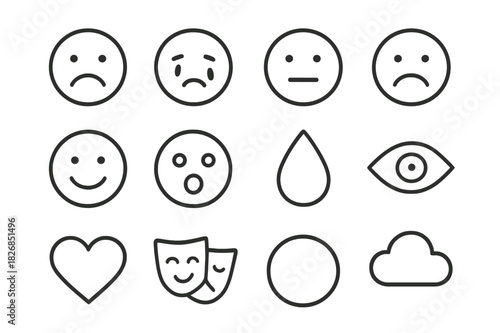 Emotive Faces Icons. Emotive faces. Line icon set of emotive faces: sad face, crying face, neutral face, frown, smile, shocked face, tear, eye, heart, mask,