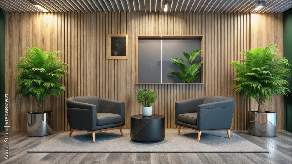 Fototapeta premium Modern reception lounge with comfortable chairs and green plants.