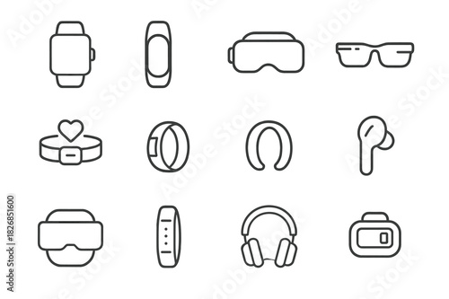 Wearable Tech Icon Set. Wearable Devices. Line icon set of Wearable Devices: smartwatch, fitness tracker, VR headset, smart glasses, heart rate monitor, smart