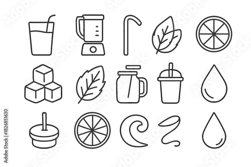 Smoothie Icon Set. Smoothie. Line icon set of smoothie: smoothie glass, blender, straw, fruit slice, ice cubes, mint leaf, mason jar, reusable cup, straw lid,