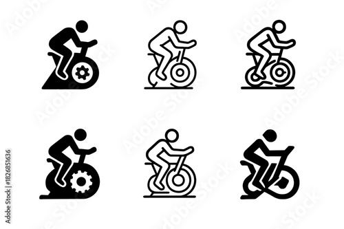 Indoor Cycling Icons. A person practicing indoor cycling, focused on endurance and intensity. Icon set. Set Logo of A person practicing indoor cycling, focused