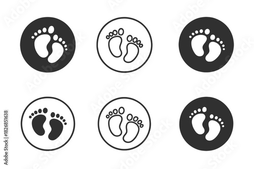 Baby Shower Icon Set. Baby shower party ideas and decorations. Icon set. Set Logo of baby shower party ideas and decorations: baby footprints in a circular