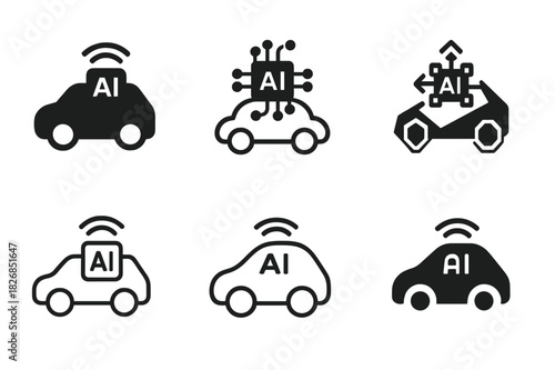 AI Integration Logos. AI integration in everyday life (smart homes, autonomous cars). Icon set. Set Logo of AI integration: city with autonomous transport.