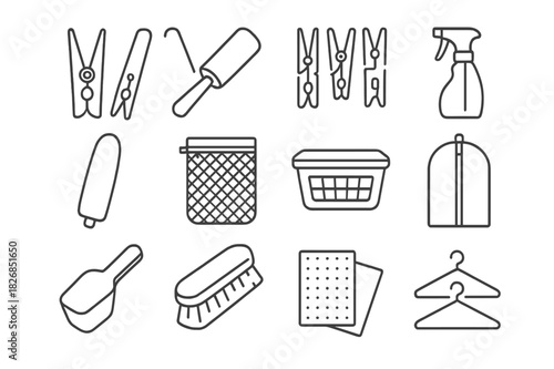 Laundry Icon Set. Folding Laundry. Line icon set of Folding Laundry: t-shirt, pants, socks, towel, laundry basket, hanger, ironing board, folded stack, washing