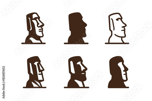 Easter Island Icons. Famous archeological discoveries and their significance. Icon set. Set Logo of Easter Island Moai: monumental stone heads facing horizon.