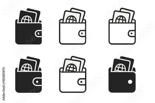 Travel Gear Icons. travel gear. Icon set. Set Logo of travel gear: travel wallet. harmonious logo variations of the same emblematic concept, each