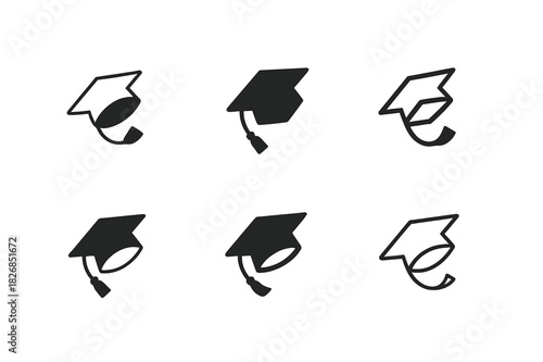 Graduation Cap Logos. Graduation cap toss. Icon set. Set Logo of graduation cap toss: flying graduation cap. harmonious logo variations of the same emblematic