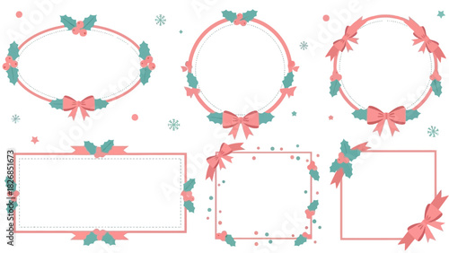 Festive Christmas Wreath and Frame Designs with Holly and Bows, Perfect for Holiday Greetings and Decorations
