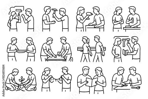 Family DIY Icon Set. Family DIY Projects. Line icon set of Family DIY Projects: parents painting wall, parents hammering nails, parents drilling, parents