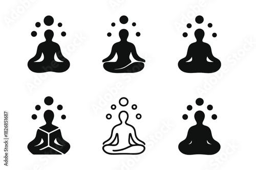 Meditative Energy Logos. person in meditation with energy flow. Icon set. Set Logo of person in meditation with energy flow: meditative silhouette with