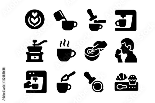 Barista Skill Icons. Barista skills. Solid icon set of barista skills: latte art, frothing milk, tamping espresso, pouring coffee, grinding beans, steaming
