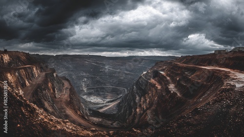 Enormous open pit excavation site descends dramatically beneath a turbulent sky