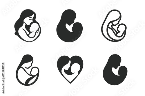 Birth Icon Variations. Birth. Icon set. Set Logo of Birth: mother and child silhouette. harmonious logo variations of the same emblematic concept, each with