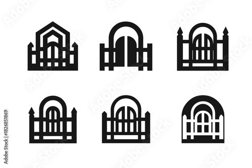 Landowner Logo Variations. Landowner. Icon set. Set Logo of landowner: gate and fence emblem. harmonious logo variations of the same emblematic concept, each