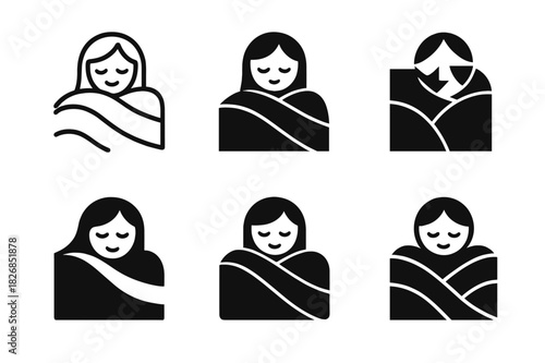 Comfort Logo Variations. Snuggling under the covers. Icon set. Set Logo of snuggling under the covers: cozy blanket folds. harmonious logo variations of the