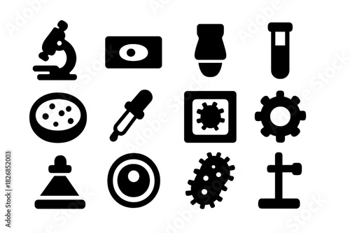 Microscope Icon Set. Microscope. Solid icon set of Microscope: microscope, slide, lens, test tube, petri dish, dropper, sample, gear, light beam, cell,