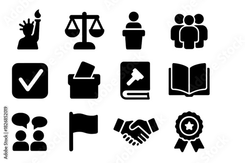 Democratic Principles Icons. Democratic principles. Solid icon set of Democratic principles: freedom icon, equality scales, speech podium, citizen group, vote