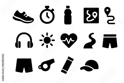 Running Icon Set. Running and Jogging. Solid icon set of Running and Jogging: running shoe, stopwatch, water bottle, route map, headphones, sun, heart rate,