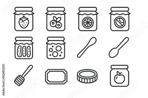 Jams & Preserves Icons. Jams & Preserves. Line icon set of Jams & Preserves: jar of strawberry jam, jar of blueberry jam, jar of honey, jar of marmalade, jar