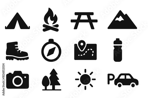 Outdoor Adventure Icons. Outdoor Stops. Solid icon set of Outdoor Stops: tent, campfire, picnic table, mountain, hiking boots, compass, map, water bottle,