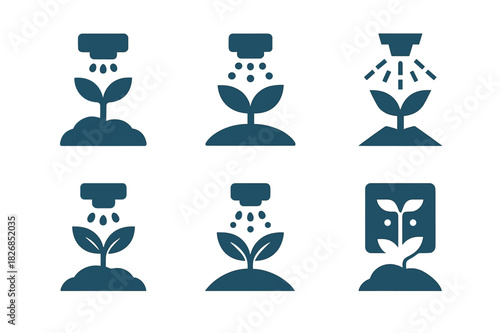 Irrigation System Logos. Water-efficient irrigation systems. Icon set. Set Logo of irrigation: automated sprinkler with plant icon. harmonious logo variations