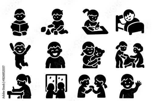 Daily Life Icons. Capturing Daily Life. Solid icon set of Capturing Daily Life: child reading, playing, drawing, sleeping, jumping, laughing, cuddling toy,