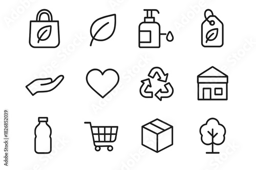 Sustainable Shopping Icons. Sustainable Shopping. Line icon set of Sustainable Shopping: reusable bag, leaf, product refill, eco label, hand, heart, recycling
