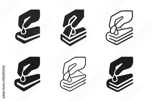 Book Binding Logos. Book binding. Icon set. Set Logo of book binding: hand holding book pages being glued. harmonious logo variations of the same emblematic