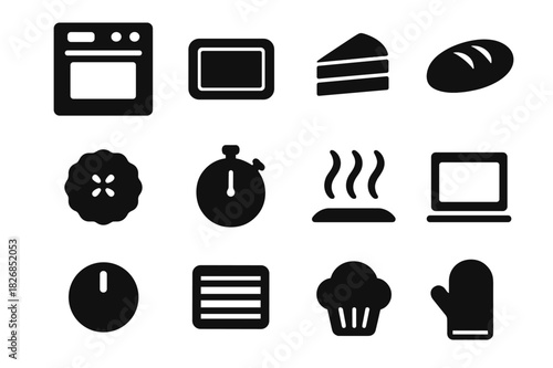 Baking Icon Set. Baking Oven. Solid icon set of Baking Oven: oven, baking tray, cake, bread loaf, pie, timer, heat waves, oven door, knob, rack, muffin, oven