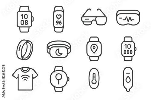 Wearable Devices Icons. Wearables. Line icon set of Wearables: smartwatch, fitness tracker, smart glasses, heart rate monitor, smart ring, VR headset, sleep