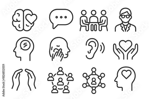Mental Health Icons. Mental health support. Line icon set of mental health support: brain with heart, support chat, group therapy, therapist icon, talking