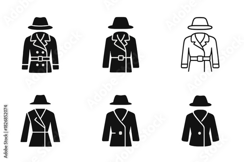 Timeless Fashion Logos. Timeless fashion and slow fashion principles. Icon set. Set Logo of timeless fashion: vintage coat and hat ensemble. harmonious logo