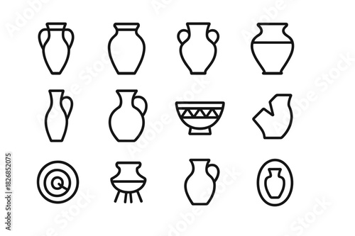 Ancient Pottery Icons. Ancient Pottery. Line icon set of Ancient Pottery: amphora, clay jar, vessel, urn, vase, handle pot, decorated bowl, broken shard,