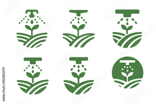 Innovative Farming Icons. Agricultural innovation. Icon set. Set Logo of agricultural innovation: automated irrigation system. harmonious logo variations of