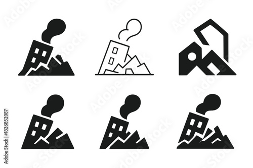 Collapsed Buildings Icon Set. Collapsed buildings. Icon set. Set Logo of Collapsed buildings: Fallen beam. harmonious logo variations of the same emblematic